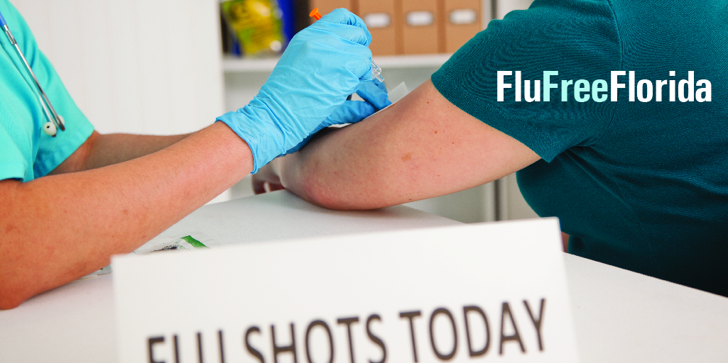 image of a person getting a flu shot with the words flu free Florida