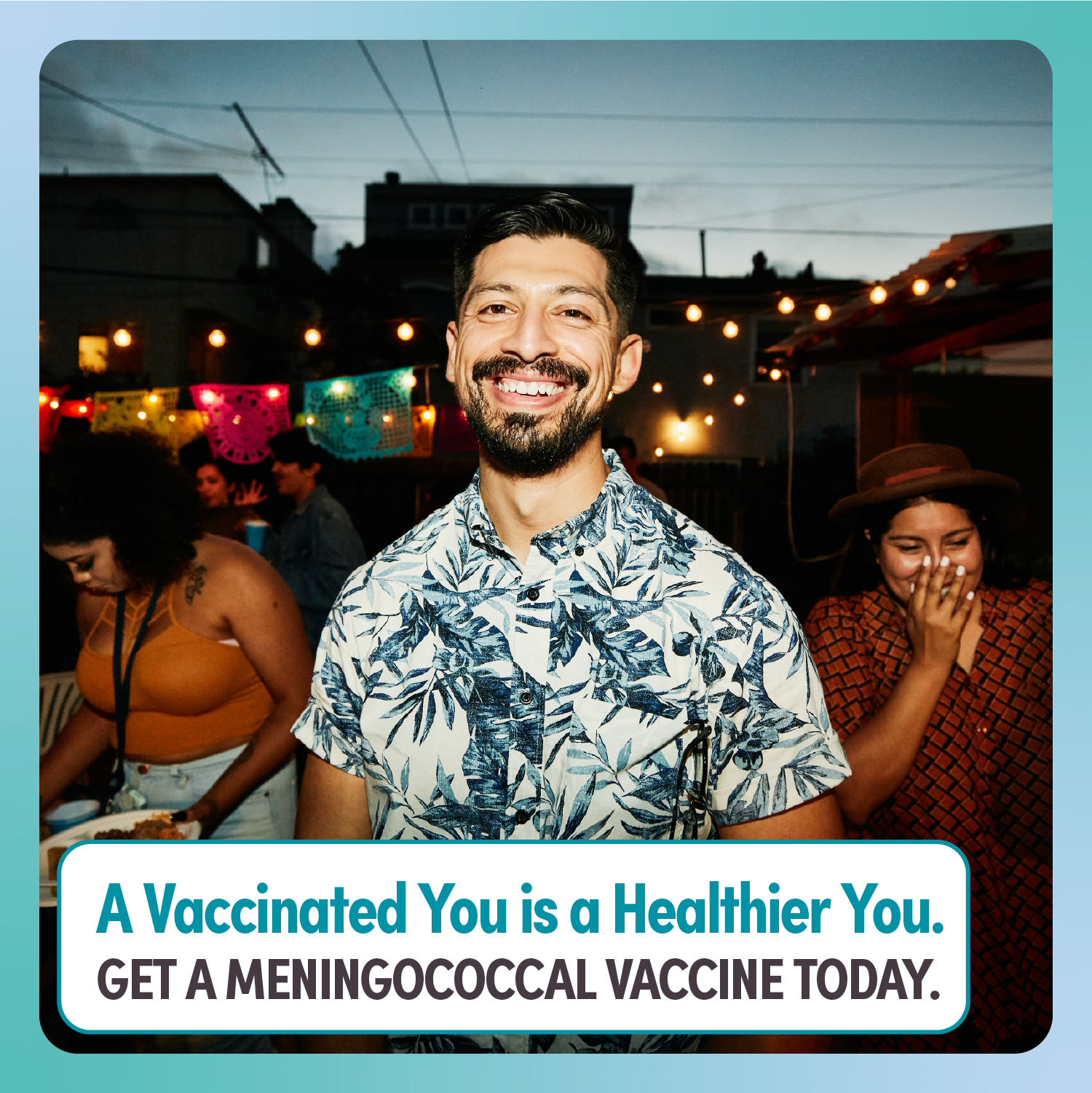 illustration of a head with a bran with the words get the Meningococcal disease Vaccine - your best defense