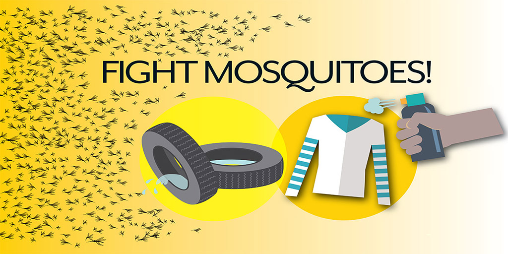 illustration of water in tires, a long sleeve shirt, and bug spray, the  words, fight mosquitoes!