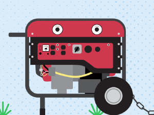 illustration of a generator out side with the words keep your generator, outside, away, and dry.