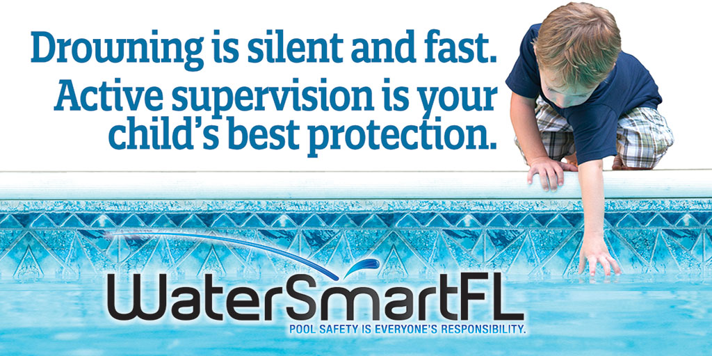 image of child reaching over edge of a pool with the words drowning is silent and fast. Active supervision is your childs best protection.
